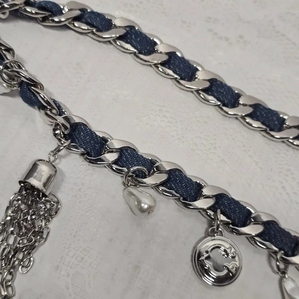 Christian Siriano C Wonder Denim Silver Chain Charms Waist Hips Boho Belt NWT
